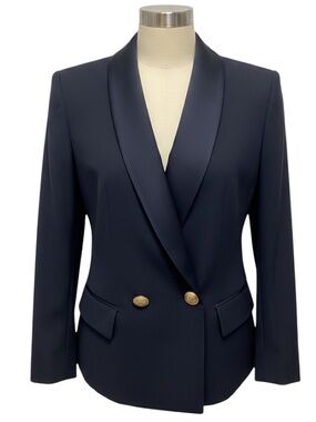 L'AGENCE NAVY BLUE BLAZER WITH GOLD BUTTONS AND SATIN LAPEL